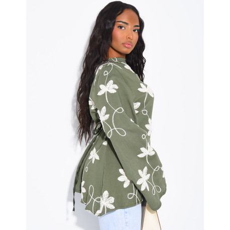 Top effet lin asymétrique à nouer avec motifs brodés