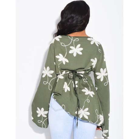 Top effet lin asymétrique à nouer avec motifs brodés