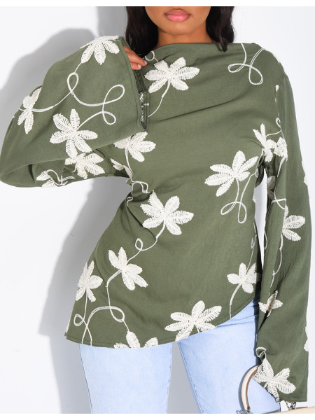 Top effet lin asymétrique à nouer avec motifs brodés