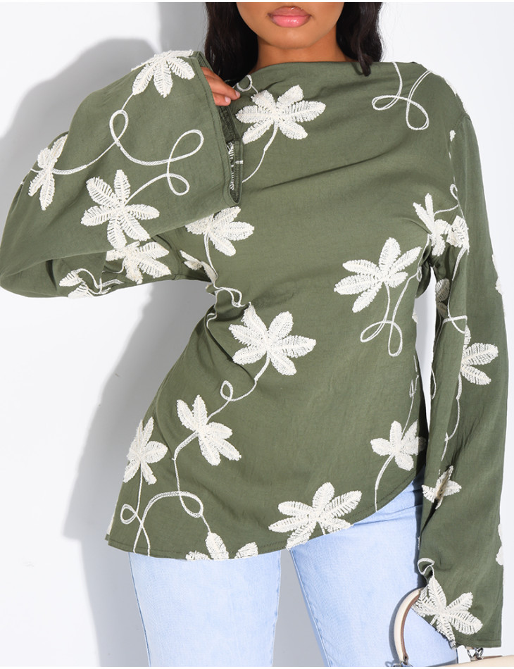 Top effet lin asymétrique à nouer avec motifs brodés