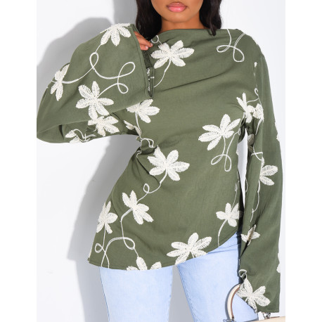 Top effet lin asymétrique à nouer avec motifs brodés