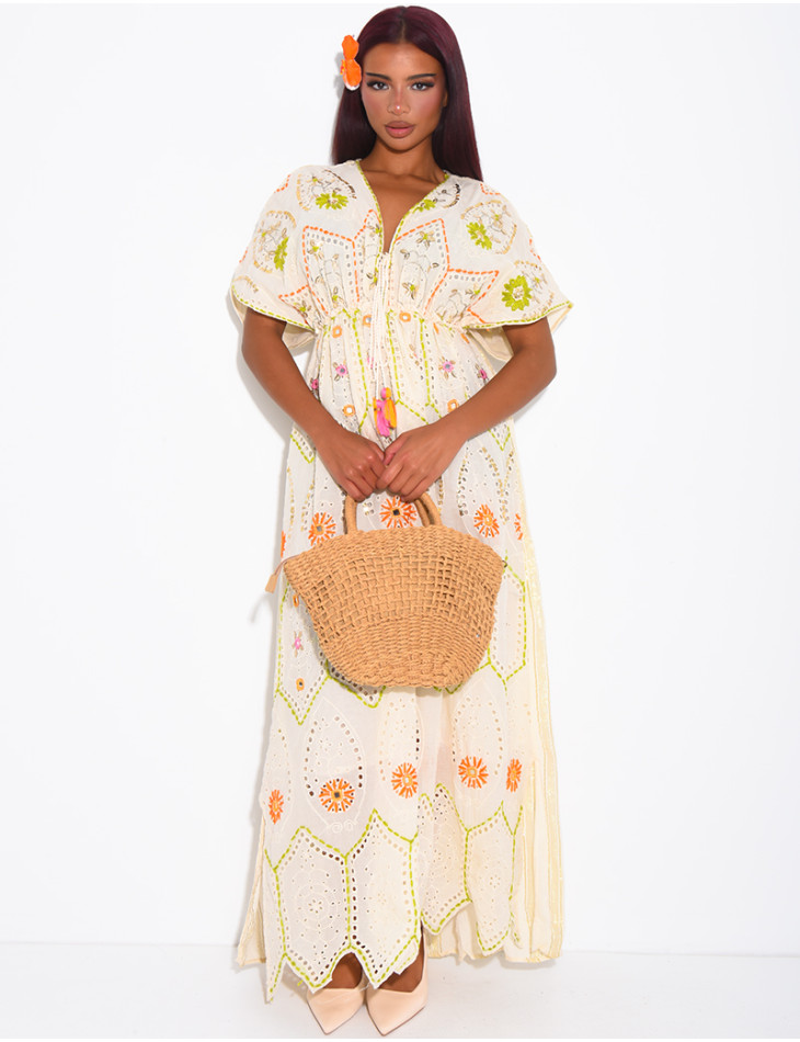 Robe bohème longue à broderies et perles