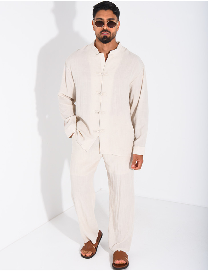 Linen set comprising trousers and a round-neck shirt