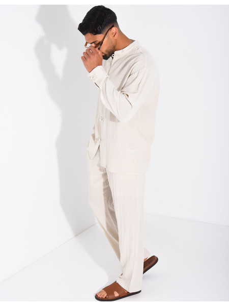 Linen set comprising trousers and a round-neck shirt