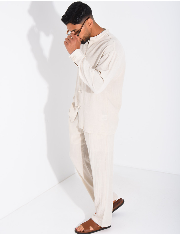 Linen set comprising trousers and a round-neck shirt