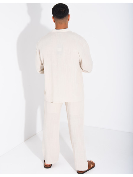 Linen set comprising trousers and a round-neck shirt
