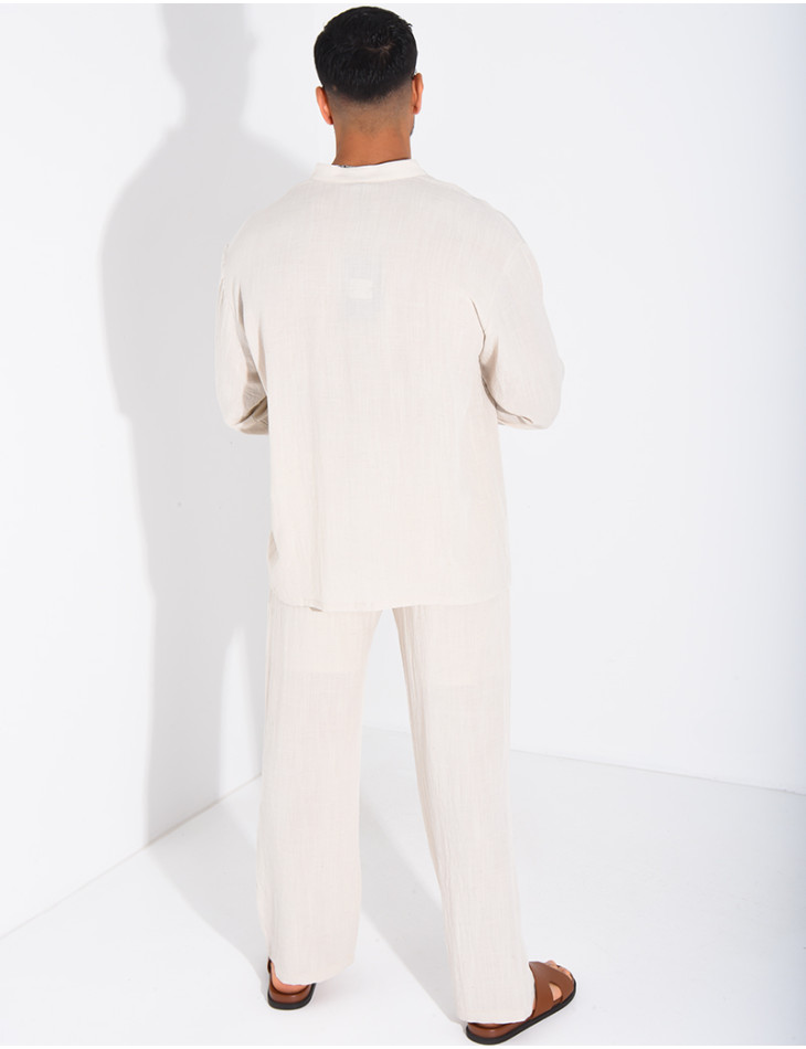 Linen set comprising trousers and a round-neck shirt