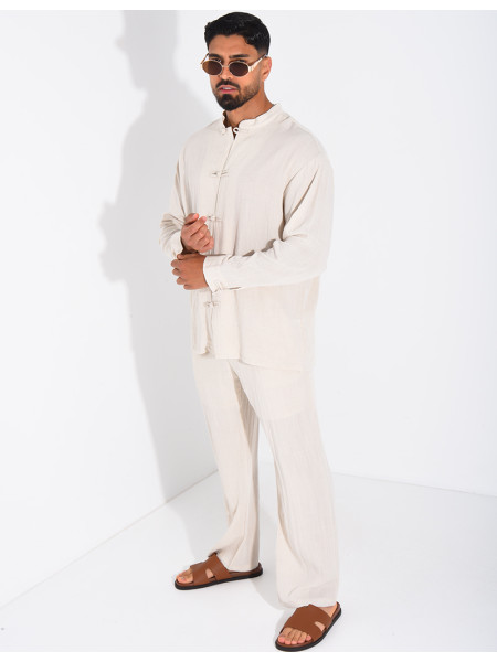 Linen set comprising trousers and a round-neck shirt