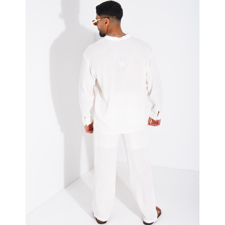 Linen set comprising trousers and a round-neck shirt