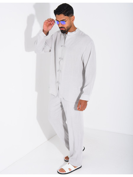 Linen set comprising trousers and a round-neck shirt