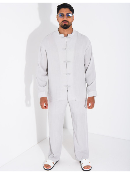 Linen set comprising trousers and a round-neck shirt