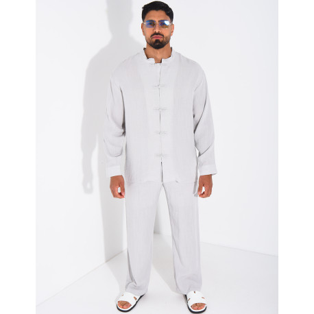 Linen set comprising trousers and a round-neck shirt