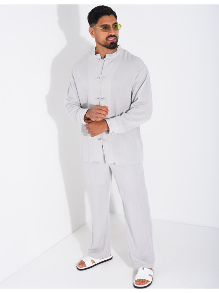 Linen set comprising trousers and a round-neck shirt