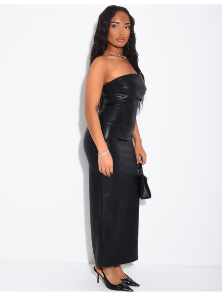 Fitted strapless faux leather dress