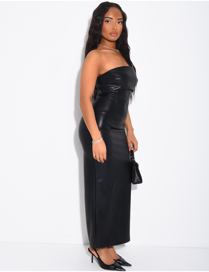Fitted strapless faux leather dress