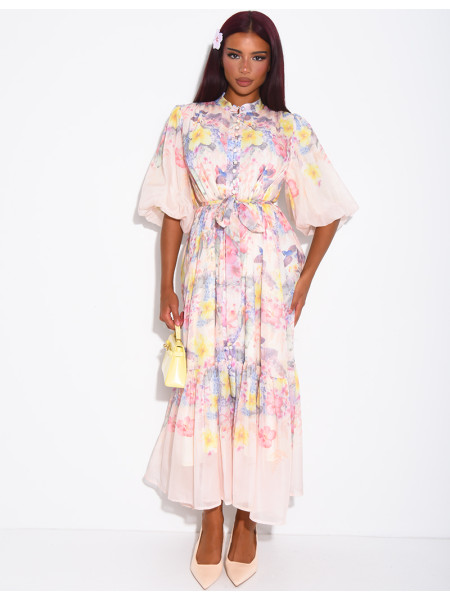 Robe longue en voile imprimé floral à ceinture assortie