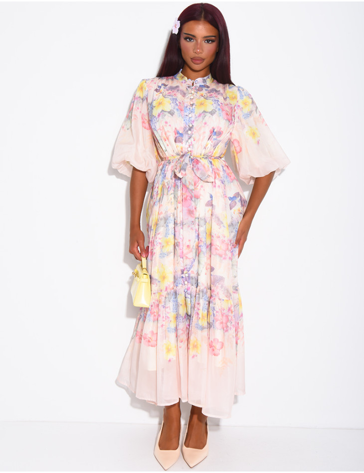 Robe longue en voile imprimé floral à ceinture assortie