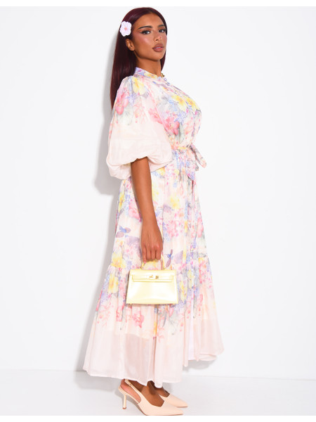 Robe longue en voile imprimé floral à ceinture assortie