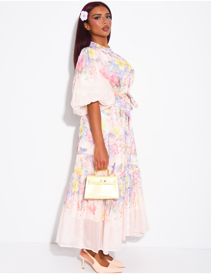 Robe longue en voile imprimé floral à ceinture assortie