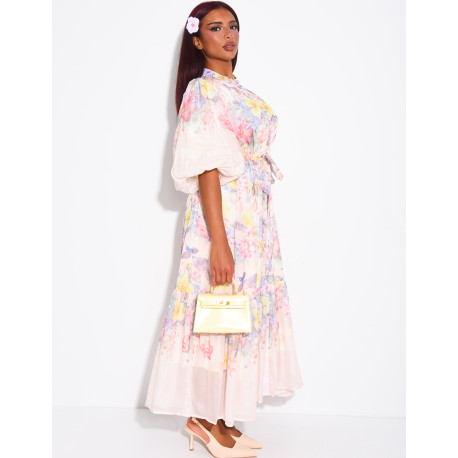 Robe longue en voile imprimé floral à ceinture assortie