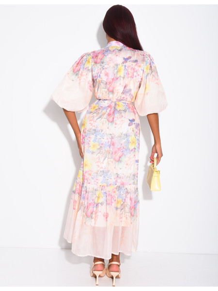 Robe longue en voile imprimé floral à ceinture assortie
