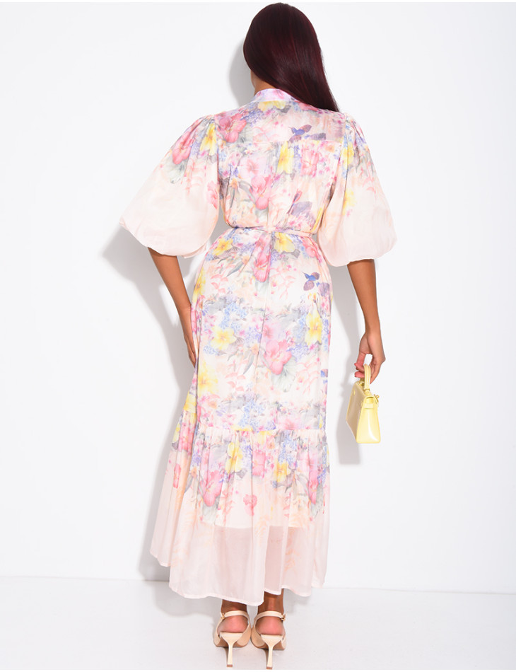 Robe longue en voile imprimé floral à ceinture assortie