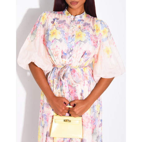 Robe longue en voile imprimé floral à ceinture assortie