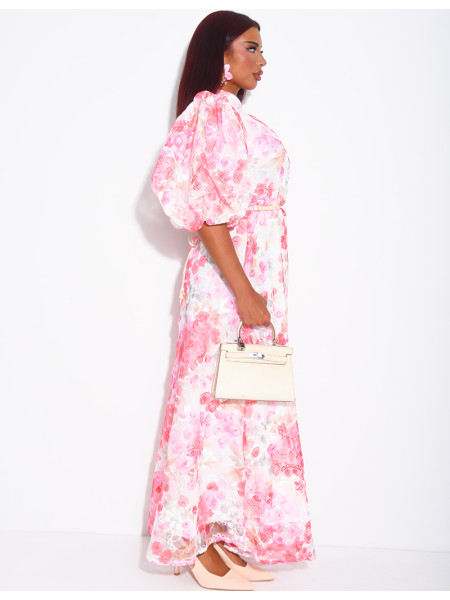 Robe boutonnée en voile imprimé floral à ceinture