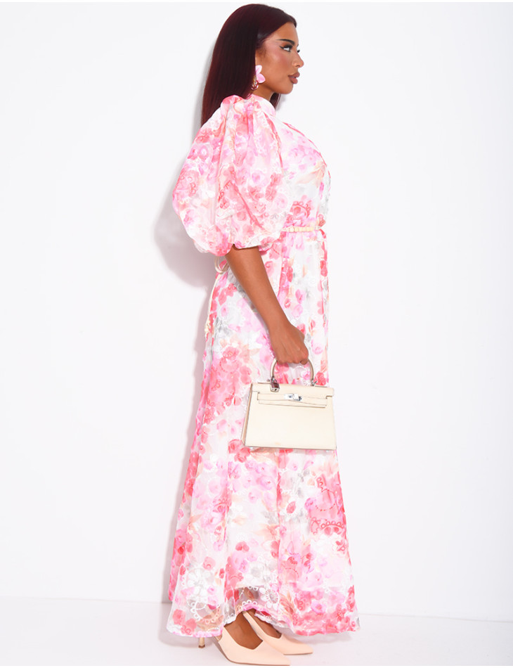 Robe boutonnée en voile imprimé floral à ceinture