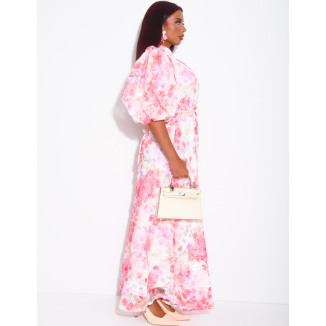 Robe boutonnée en voile imprimé floral à ceinture