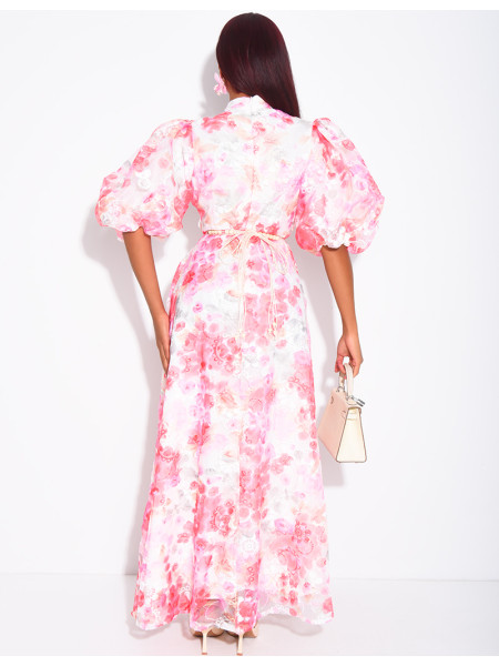 Robe boutonnée en voile imprimé floral à ceinture