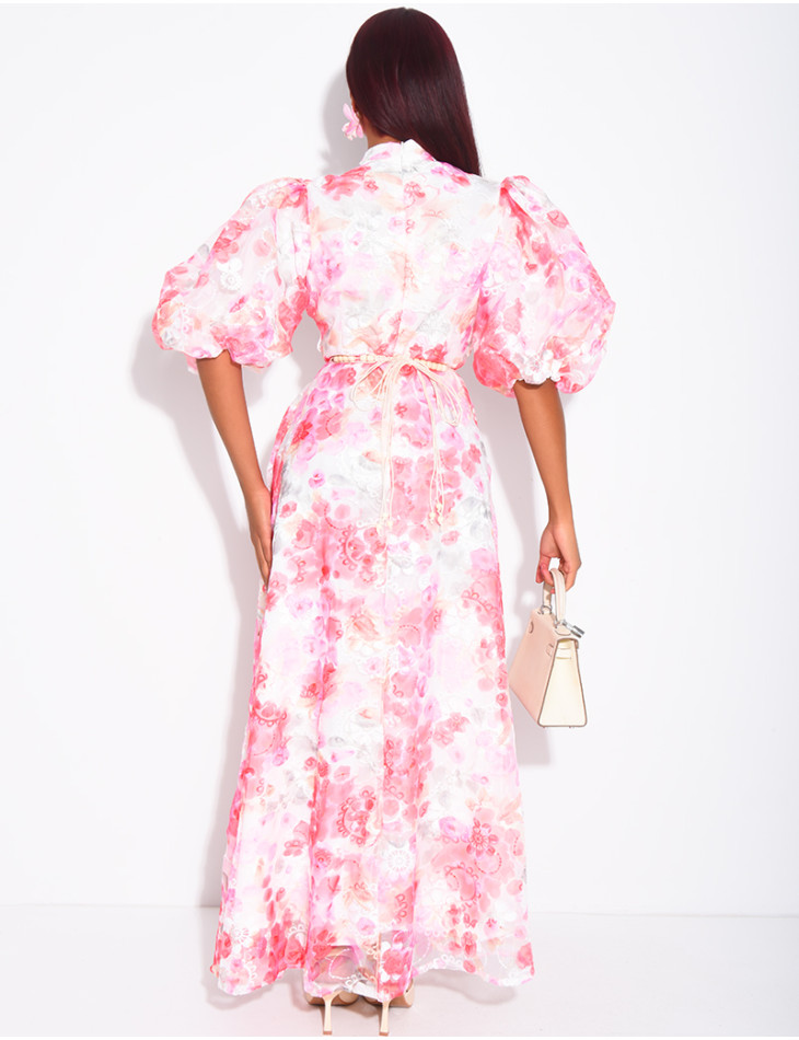Robe boutonnée en voile imprimé floral à ceinture