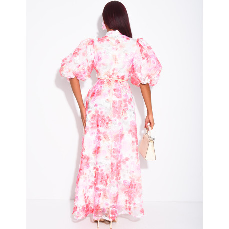 Robe boutonnée en voile imprimé floral à ceinture