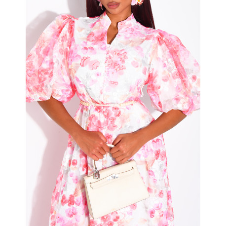 Robe boutonnée en voile imprimé floral à ceinture