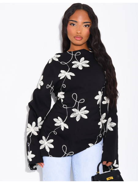 Top effet lin asymétrique à nouer avec motifs brodés