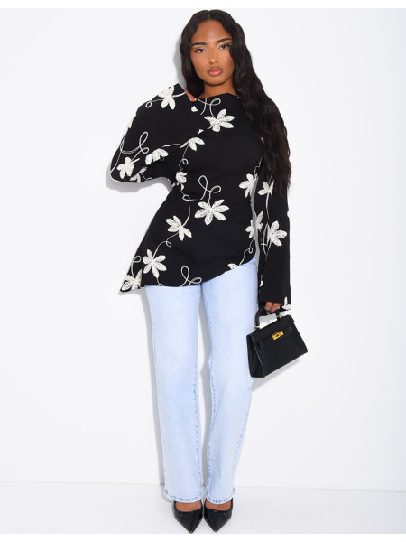 Top effet lin asymétrique à nouer avec motifs brodés