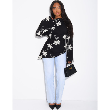 Top effet lin asymétrique à nouer avec motifs brodés