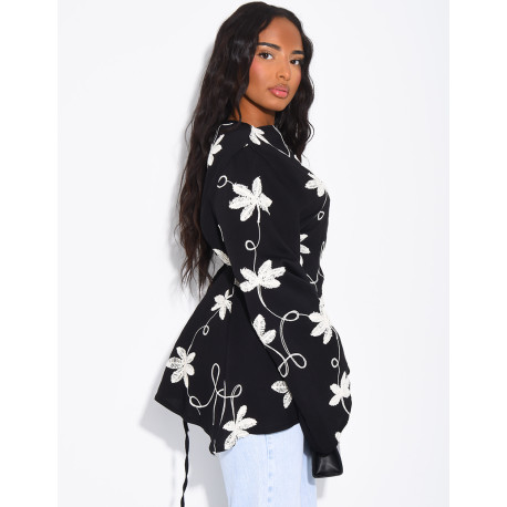 Top effet lin asymétrique à nouer avec motifs brodés