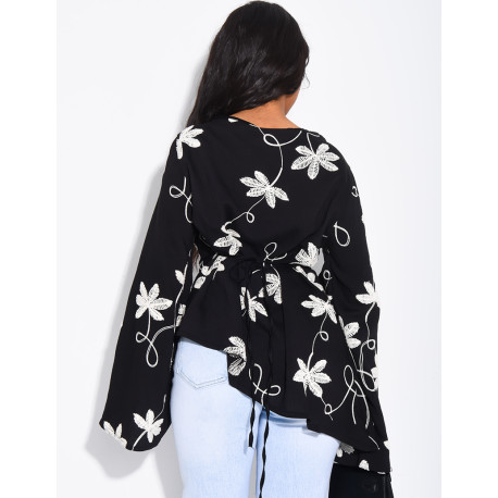 Top effet lin asymétrique à nouer avec motifs brodés