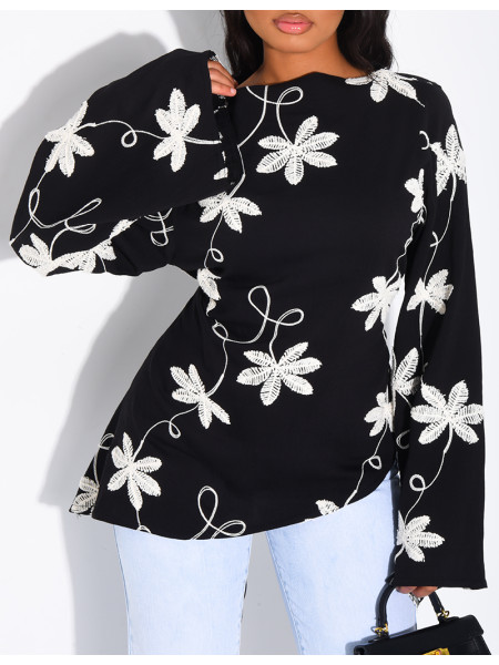 Top effet lin asymétrique à nouer avec motifs brodés