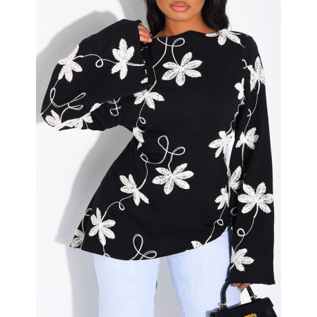 Top effet lin asymétrique à nouer avec motifs brodés