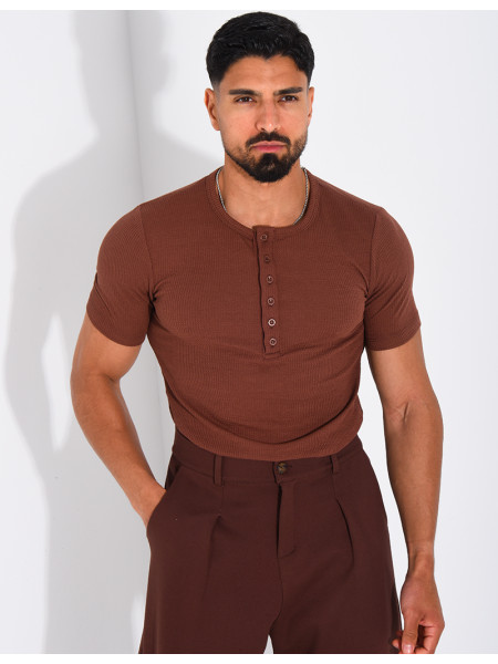 T-shirt texturé à col rond et boutons