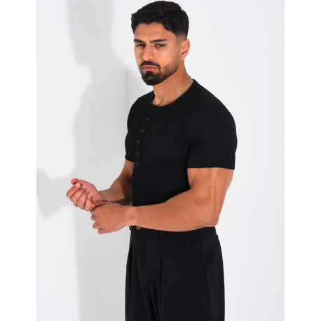 T-shirt texturé à col rond et boutons