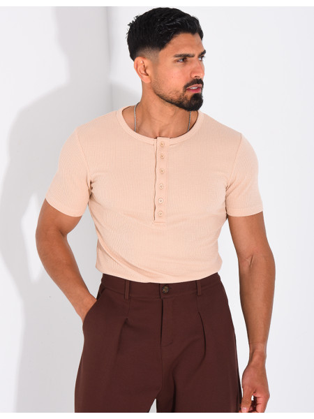 T-shirt texturé à col rond et boutons