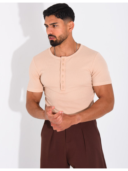 T-shirt texturé à col rond et boutons