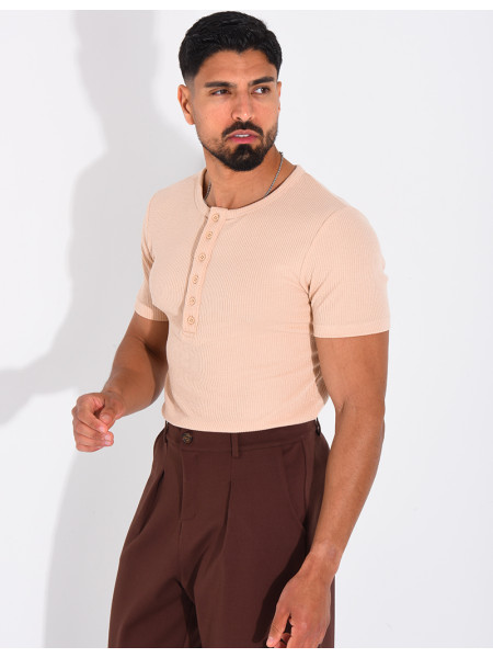 T-shirt texturé à col rond et boutons