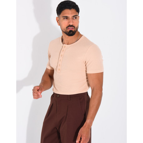 T-shirt texturé à col rond et boutons