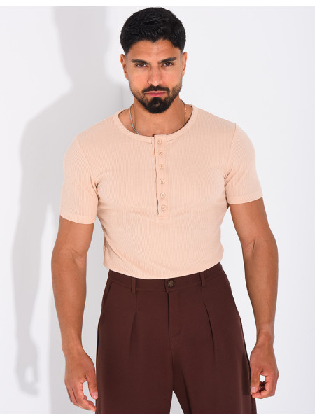 T-shirt texturé à col rond et boutons