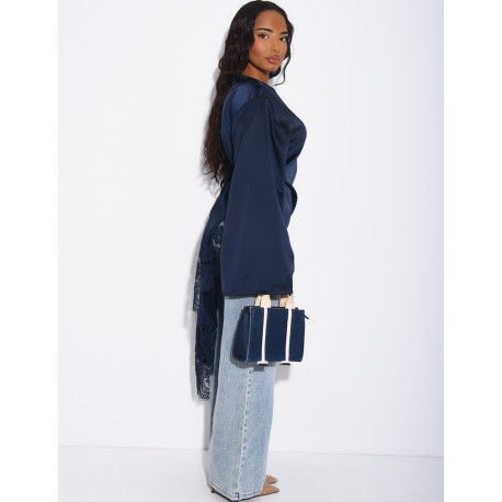 Top long asymétrique en satin à dentelle