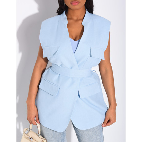 Blazer sans manche en lin à nouer à la taille